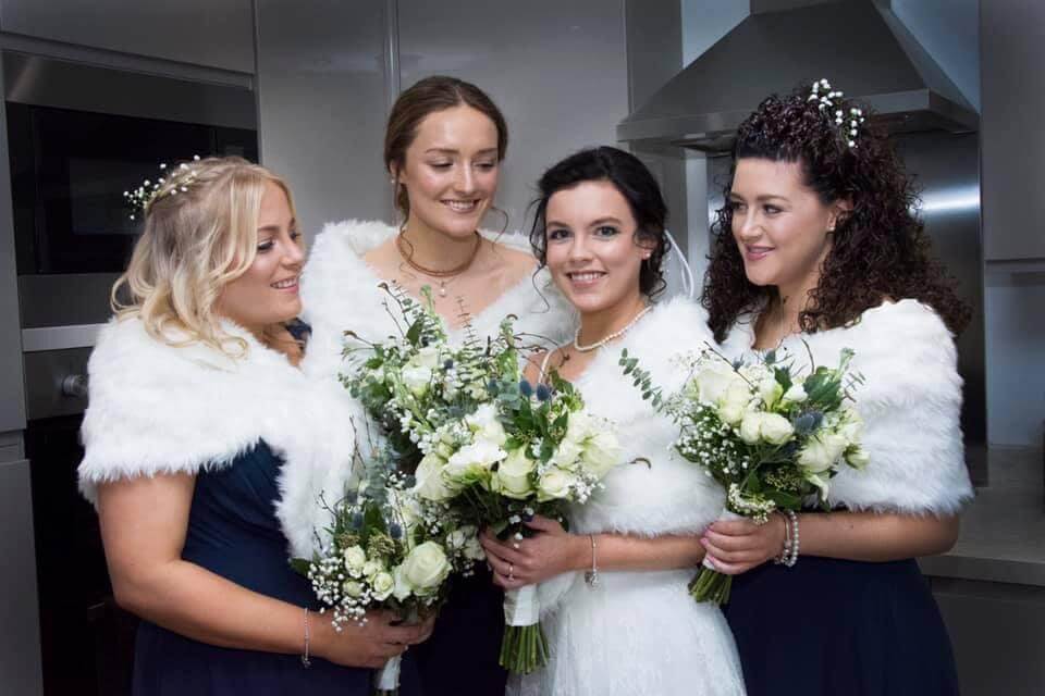 Bride and bridesmaids, blue and white wedding Leicestershire